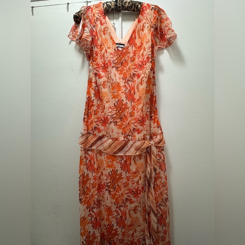 Vintage 90s Believe drop waist orange floral fairy dress assymetrical hem 10